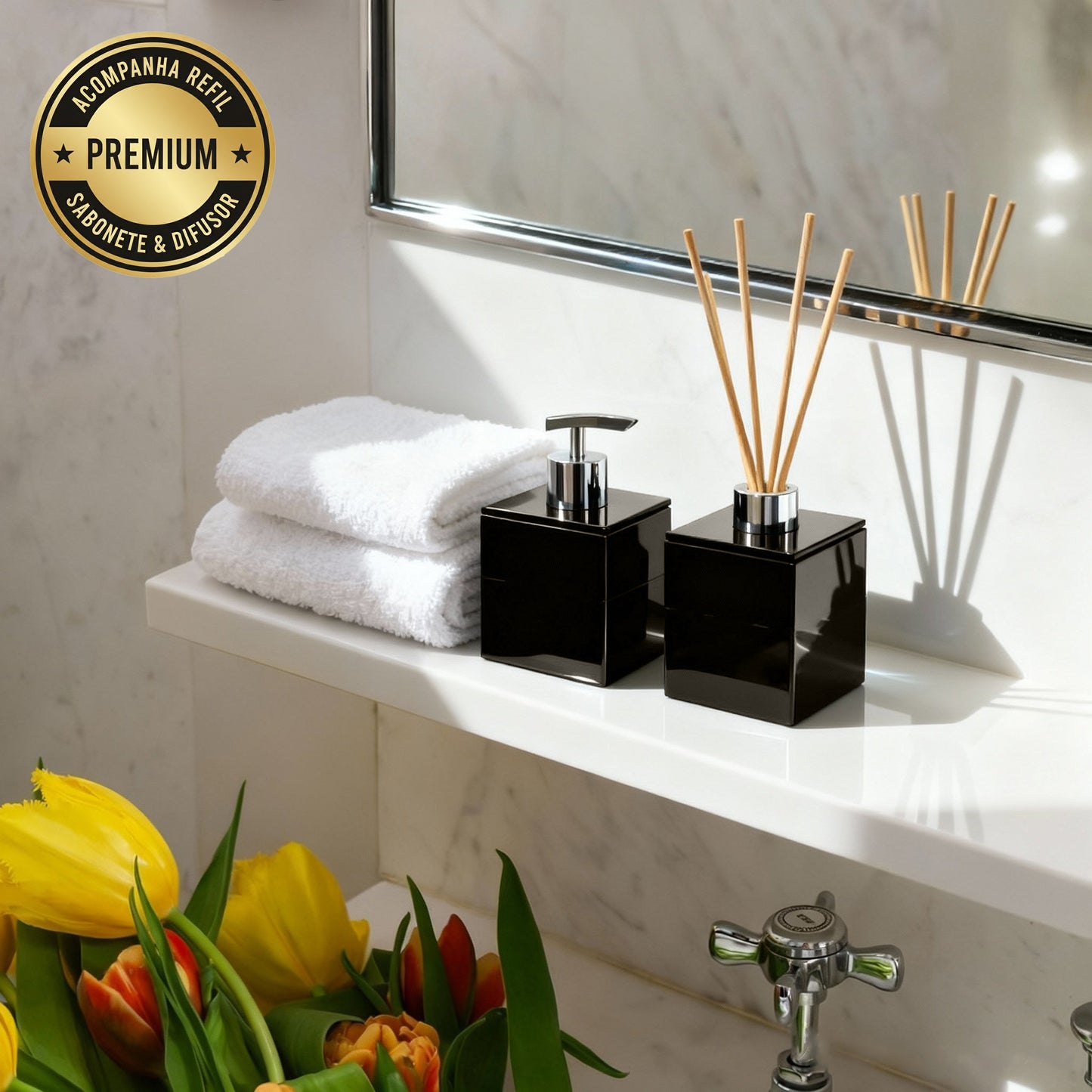 Kit Difusor e Saboneteira Elegance Black + (Refil com Aroma à Escolha)